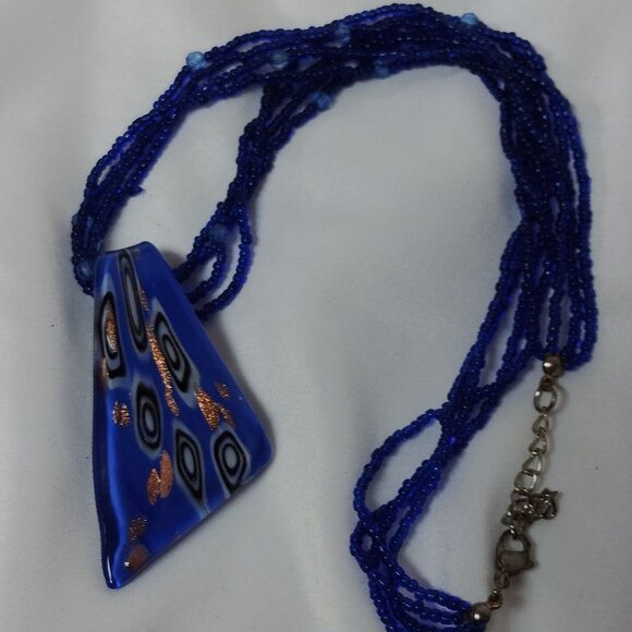 Artisan Cobalt Blue Glass Beaded Necklace With Abstract Art Glass Pendant - Picture 2 of 5
